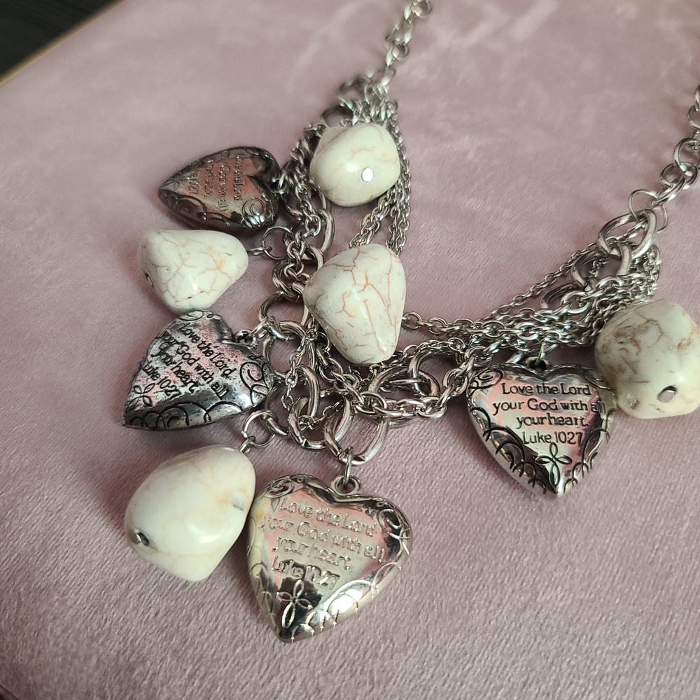 Silver Heart Charm Necklace with Cream Stone Beads - Inspirational Script